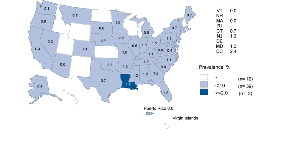 Figure K Gonorrhea — Prevalence Among Men Aged 16 – 24 Years Entering the National Job Training Program, by State of Residence, United States and Outlying Areas, 2012