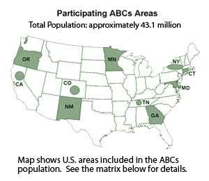 U.S. map highlights 10 areas participating in ABCs surveillance: entire states of Connecticut, Georgia, Maryland, Minnesota, New Mexico and Oregon as well as specific areas within California, Colorado, New York and Tennessee. 
