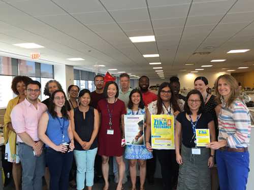 Members of the New York City Department of Health and Mental Hygiene's Zika Response Team with educational materials about Zika, designed by the agency for provider and community outreach.