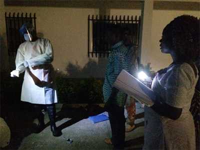 The infection control training in Guinea didnâ€™t stop when the sun went down. The students were so anxious to practice what they learned that they often stayed late into the evening using flashlights and the lights from their cell phones. 