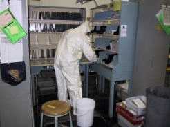 Worker in a hazmat suit checks for anthrax