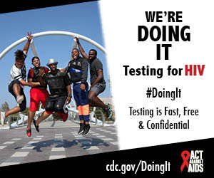 	A group of five African American young men jumping in the air with excited expressions. Were doing it. Testing for HIV. #DointIt Testing is free & confidentical. cdc.gov/DoingIt HHS, CDC, Act Against AIDS  