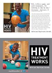 CDC campaign palm card of Christopher, a person living with HIV since 1987: HIV, life's a game, and with treatment, I'm winning it day by day, says Christopher of Washington, DC. A photo shows Christopher bowling. A photo of Christopher shows him playing pool.