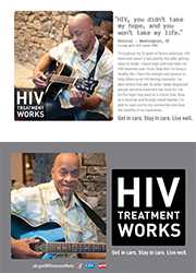 CDC campaign palm card of Vernial, a person living with HIV since 1987: HIV, you didn't take my hope, and you won't take my life, says Vernial of Washington, DC. A photo shows Vernial playing a guitar. A photo shows Vernial playing a guitar.