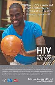 CDC campaign poster of Christopher, a person living with HIV since 1987: HIV, life's a game, and with treatment, I'm winning it day by day, says Christopher of Washington, DC. A photo shows Christopher bowling.