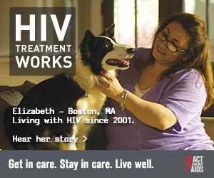 CDC Campaign banner of Elizabeth, a person living with HIV since 2001 from Boston, Massachusetts: HIV Treatment Works. Get in Care. Stay in Care. Live Well. Hear her story at  cdc.gov/HIVTreatmentWorks. A photo shows Elizabeth petting her dog.