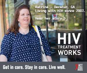 CDC Campaign banner of Katrina, a person living with HIV since 2007 from Decatur, Georgia: HIV Treatment Works. Get in Care. Stay in Care. Live Well. Hear her story at cdc.gov/HIVTreatmentWorks. A photo show Katrina walking on a sidewalk past a store.