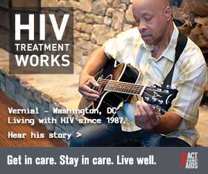 CDC campaign banner of Vernial, a person living with HIV since 1987: HIV Treatment Works. Get in Care. Stay in Care. Live Well. Hear his story at  cdc.gov/HIVTreatmentWorks. A photo shows Vernial playing a guitar.