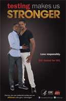 Testing Makes Us Stronger thumbnail poster image of a young African American male and older African American male embracing and facing forward. Love responsibly. Get tested for HIV. HHS, CDC, Act Against AIDS.
