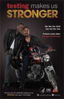 Testing Makes Us Stronger thumbnail poster image of young African American male wearing a leather jacket and older African American male wearing a leather jacket sitting on a motorcycle. We like the thrill but not the risk. Protect each other and get an HIV test. HHS, CDC, Act Against AIDS.