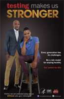 Testing Makes Us Stronger thumbnail poster image of young African American male sitting on stool and older African American male standing behind him. Every generation has its challenges. Be a role model for staying healthy. Get tested for HIV. HHS, CDC, Act Against AIDS.