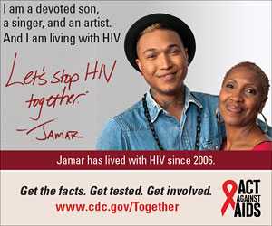 Let's Stop HIV Together Square Web Banner of Jamar and His Mother. www.cdc.gov/actagainstaids