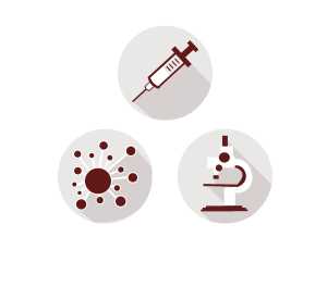 3 round icons in a triangle pattern representing three of the core priorities for AMD projects - a needle for Vaccine Improvement, a microscope for Identifying Emerging Threats, and a microbe for Tracking Diseases and Outbreaks