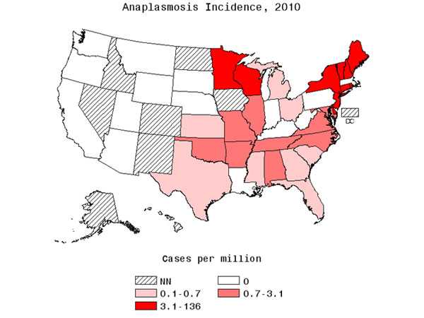Annual reported incidence (per million population) for anaplasmosis in the U.S. for 2010