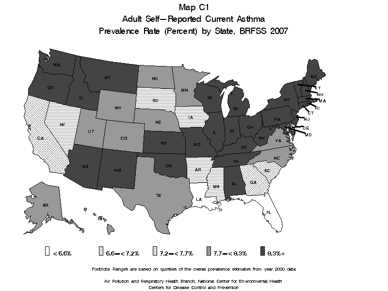 Map C1 (black and white) - Adult Self-Reported Current Asthma Prevalence Rate (Percent) by State