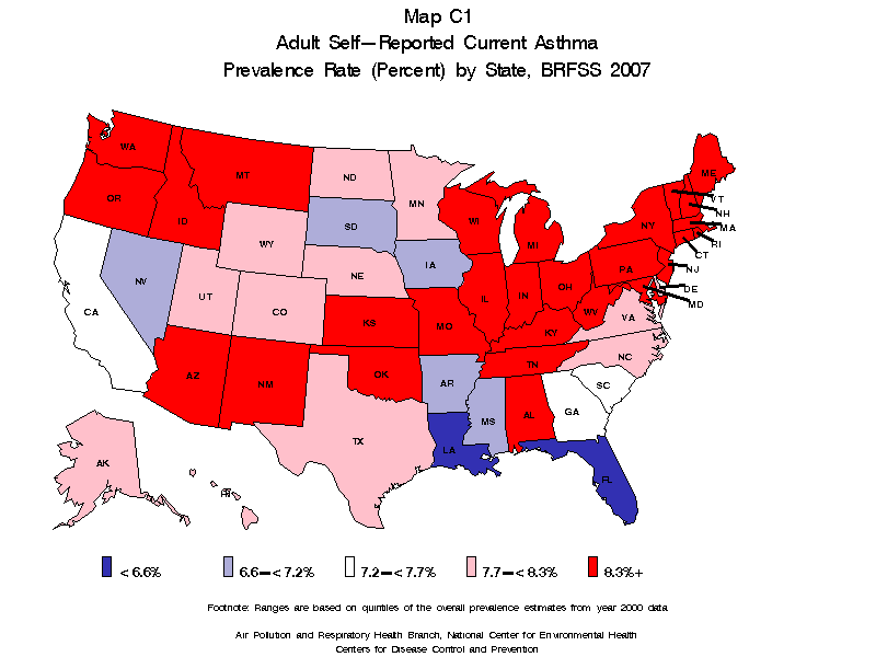 Map C1 (color) - Adult Self-Reported Current Asthma Prevalence Rate (Percent) by State