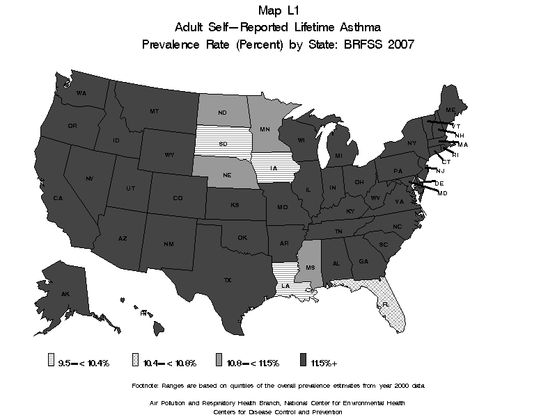 Map L1 (black and white) - Adult Self-Reported Lifetime Asthma Prevalance Rate (Percent) by State: BRFSS 2007