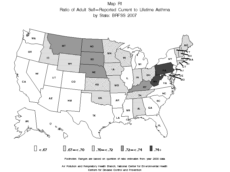Map R1 (black and white) - Ratio of Adult Self-Reported Current to Lifetime Asthma by State: BRFSS 2007
