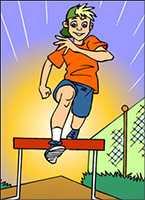 Cartoon graphic of a boy clearing the hurdle