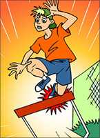 Cartoon graphic of a boy hitting the hurdle