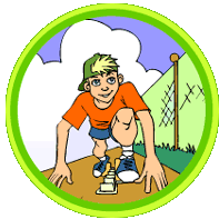 Cartoon graphic of a boy starting the hurdle race