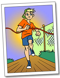 Cartoon graphic: boy crossing the finish line