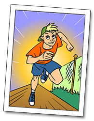 Cartoon graphic: A boy running towards the hurdles