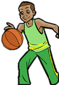 Cartoon graphic of a boy playing basketball