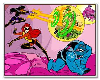 Cartoon drawing of immune platoon members fighting off foreign bodies with their super powers.