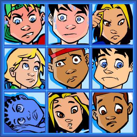 A box of squares containing cartoon drawings of children with different facial expressions. Click on a square to find out more