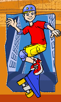 Cartoon graphic of a boy doing a kick flip on his skateboard