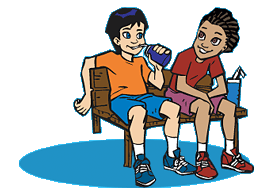 Cartoon drawing of to friends on a bench