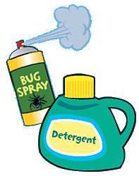 Cartoon drawing of bug spray and detergent
