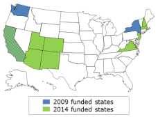 Maps of states currently funded by the State Biomonitoring Cooperative Agreement