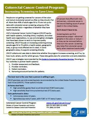 Screenshot of fact sheet titled Colorectal Cancer Control Program: Increasing Screening to Save Lives