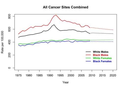 Graph showing actual and projected incidence rates for all cancer sites combined by race and sex, United States, 1975 to 2020