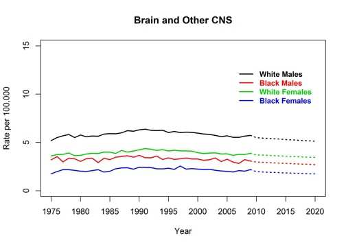 Graph showing actual and projected death rates for brain and other central nervous system cancers by race and sex, United States, 1975 to 2020
