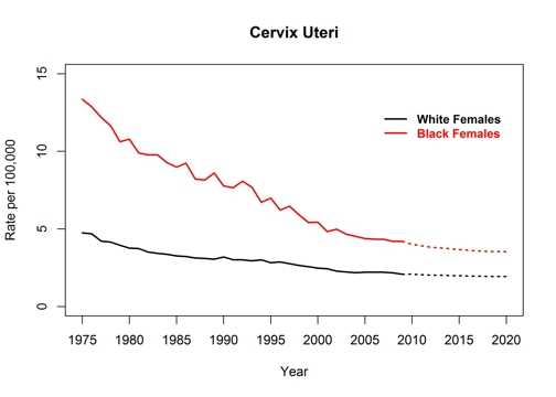 Graph showing actual and projected death rates for cervical cancer by race, United States, 1975 to 2020