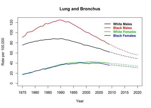 Graph showing actual and projected death rates for lung and bronchus cancer by race and sex, United States, 1975 to 2020