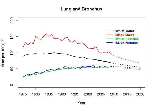 Graph showing actual and projected incidence rates for lung and bronchus cancer by race and sex, United States, 1975 to 2020