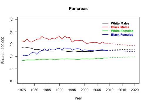Graph showing actual and projected death rates for pancreatic cancer by race and sex, United States, 1975 to 2020