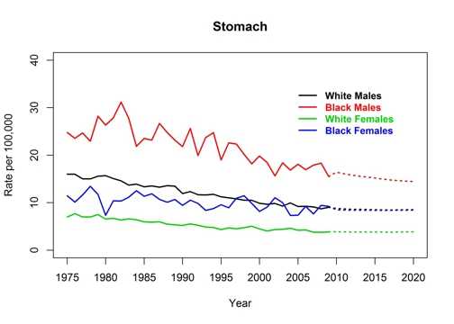 Graph showing actual and projected incidence rates for stomach cancer by race and sex, United States, 1975 to 2020