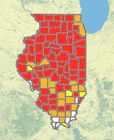 Niveles promedio de radón en el hogar por condado en Illinois, entre el 2003 y el 2011