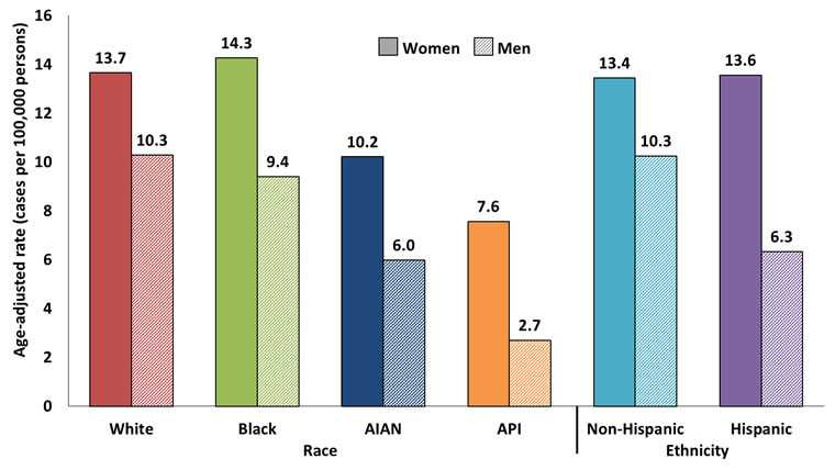 Graph showing the age-adjusted incidence rates for cancer in the United States during 2009 to 2013 by race and ethnicity.