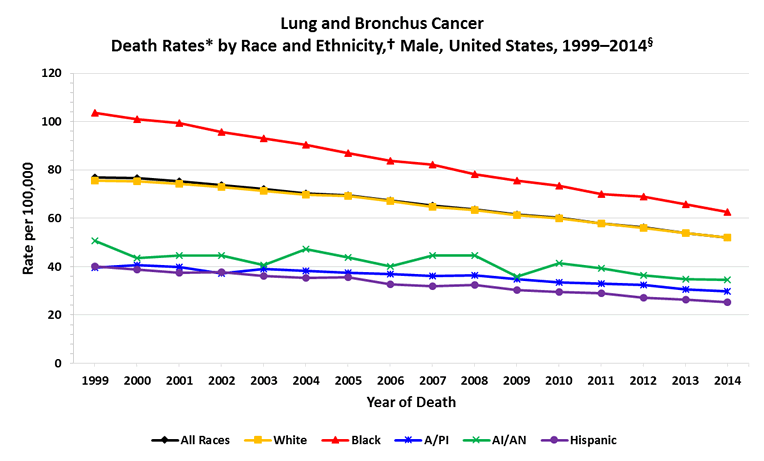 Line chart showing the changes in lung cancer death rates for males of various races and ethnicities.