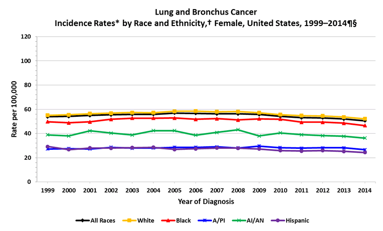 Line chart showing the changes in lung cancer incidence rates for females of various races and ethnicities.