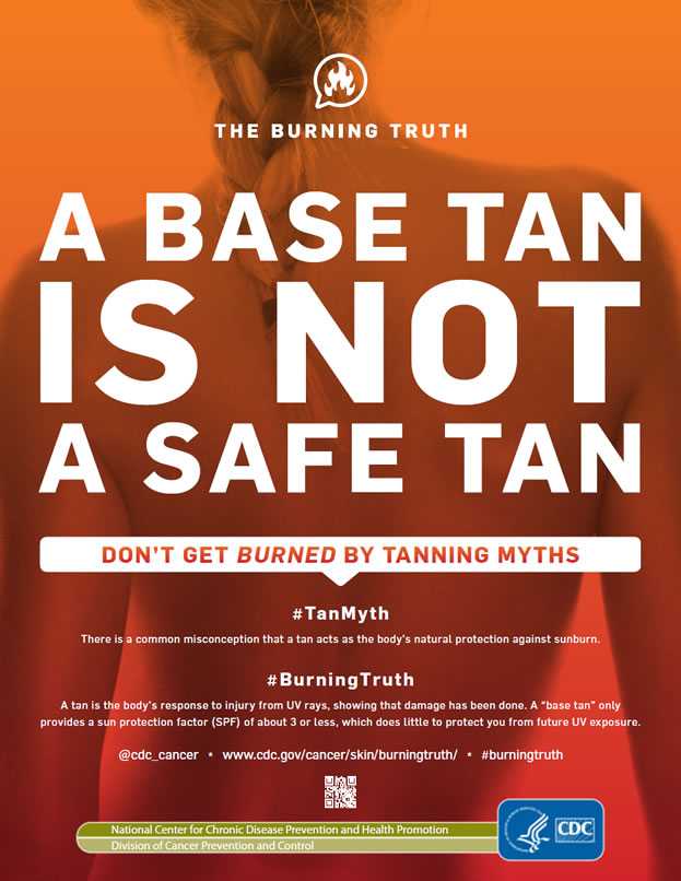 Poster titled A Base Tan Is Not a Safe Tan. The text on the poster is reproduced below.