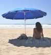 Photo of a woman sitting on the beach under an umbrella