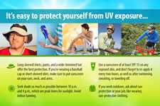 It's easy to protect yourself from UV exposure... Long-sleeved shirts, pants, and a wide-brimmed hat offer the best protection. If you're wearing a baseball cap or short-sleeved shirt, make sure to put sunscreen on your ears, neck, and arms. Seek shade as much as possible between 10 a.m. and 4 p.m., which are peak times for sunlight. Use a sunscreen of at least SPF 15 on any exposed skin, and don't forget to re-apply it every two hours, as well as after swimming, sweating, or toweling off. If you work outdoors, ask about sun protection at your job, like wearing sun-protective clothing.
