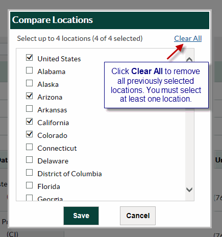 	Screenshot of Compare Locations pop-up window - Click Clear All to remove all previously selected locations. You must select at least one location.